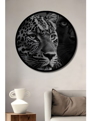 Vahşi Doğa Aslanları Kara Kalem Görünümlü Modern Sanat Ahşap Tablo Yuvarlak Tablo Çerçeve Görünümlü