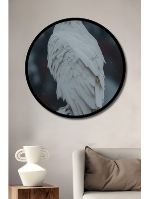 Beyaz Kartal Tüylü Görünüm Yağlı Boya Modern Sanat Ahşap Tablo Yuvarlak Duvar Tablo Çerçeve Görünüm
