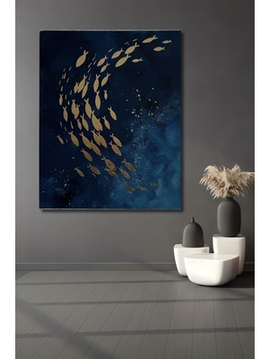 Altın Sürü Halindeki Balıklar Yağlı Boya Görünümlü Dekoratif Ahşap Ev,antre,salon,ofis,mutfak Tablo