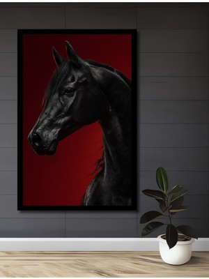 Görkemli Siyah At Yağlı Boya Görünümlü Ahşap Ev,antre,ofis,yatak Odası Tablo Çerçeve Görünümlü