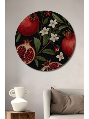 Nar Taneleri Sulu Boya Görünümlü Dekoratif Ahşap Tablo Yuvarlak Duvar Tablosu