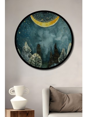 Mistik Orman Dolunay Sulu Boya Görünümlü Ahşap Tablo Yuvarlak Duvar Tablosu Çerçeve Görünümlü
