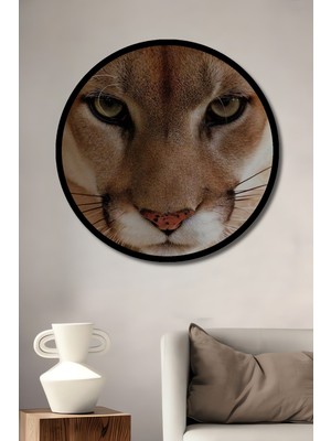 Aslan Gözleri Yağlı Boya Görünümlü Ahşap Dekoratif Tablo Yuvarlak Duvar Tablosu Çerçeve Görünümlü