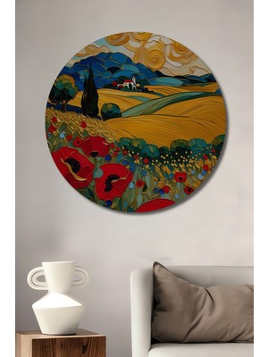 Hasır Çiçek Tarlası Yağlı Boya Görünümlü Ahşap Tablo Yuvarlak Duvar Tablosu