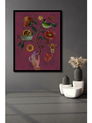 Nar Taneleri ve Sevimli Kuş Sulu Boya Görünümlü Sanat Antre,salon Tablosu Ahşap Çerçeve Görünümlü