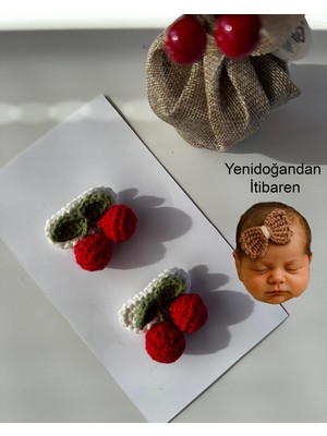 Livadesign7 Yenidoğan Bebek Tokası Kiraz El Emeği 2'lü Klips Saçsız Bebek Toka Seti
