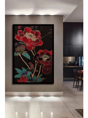 Zarif Kırmızı Şakayıklar Sulu Boya Görünümlü Ahşap Ev,antre,ofis,mutfak Tablo Çerçeve Görünümlü