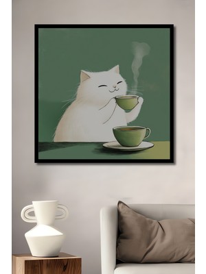 Beyaz Kedi Yeşil Çay Keyfi Suluboya Görünümlü Ahşap Ev,antre,ofis,mutfak Tablo Çerçeve Görünümlü