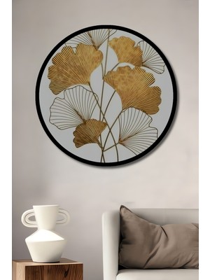 Altın Yaprak Metal Dekoratif Tablo Yuvarlak Duvar Tablosu Çerçeve Görünümlü
