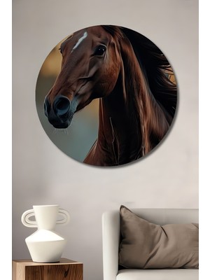 Asalet Dolu At Portresi Yağlı Boya Görünümlü Ahşap Dekoratif Tablo Yuvarlak Duvar Tablosu