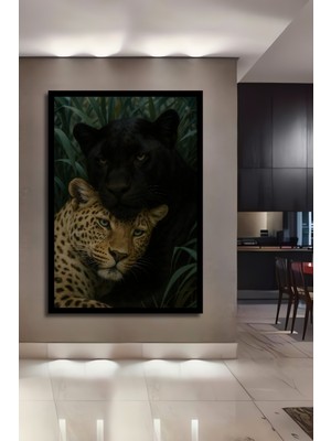 Leopar Panter Aşkı Yağlı Boya Görünümlü Dekoratif Ahşap Ofis,mutfak, Tablo Çerçeve Görünümlü
