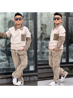 Burçak Butik Erkek Çocuk Kışlık Cep Detaylı Sweat - Kadife Pantolon Alt Üst 2 Parça Şık Takım - Bayramlık
