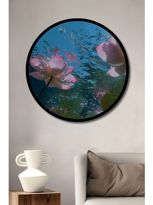 Su Altı Pembe Nilüfer Sulu Boya Görünümlü Ahşap Tablo Yuvarlak Duvar Tablosu Çerçeve Görünümlü