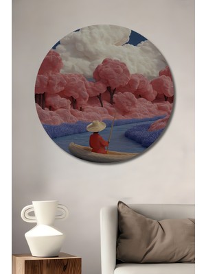 Pembe Bulutlar Altında Sakin Yolculuk Sulu Boya Görünümlü Ahşap Tablo Yuvarlak Duvar Tablosu