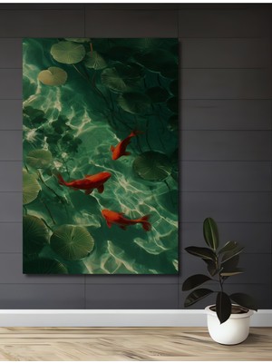 Yemyeşil Sularında Dans Eden Kırmızı Balıklar Sulu Boya Görünümlü Ahşap Dekoratif Tablo