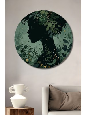 Kadın Silüeti Orman Güzelliği Sulu Boya Görünümlü Ahşap Tablo Yuvarlak Duvar Tablosu