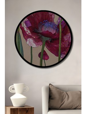 Muhteşem Gelincik Çiçeği Modern Sanat Ahşap Tablo Yuvarlak Tablo Çerçeve Görünümlü