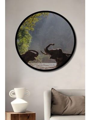 Aslan ve Fil Dostluğu Ahşap Dekoratif Tablo Yuvarlak Duvar Tablosu Çerçeve Görünümlü