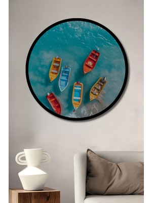 Renkli Tekne Güvertesi Sulu Boya Görünümlü Ahşap Tablo Yuvarlak Duvar Tablosu Çerçeve Görünümlü