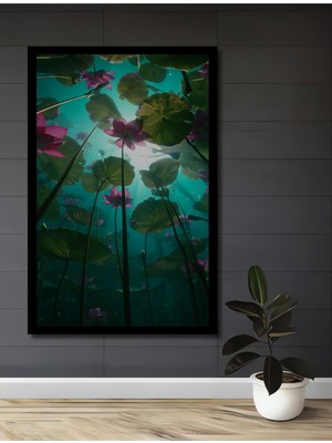 Su Altı Lotus Bahçesi Yağlı Boya Görünümlü Ahşap Ev,antre,salon,ofis,mutfak Tablo Çerçeve Görünümlü