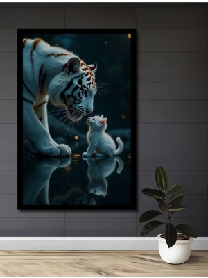 Aslan Kaplan Yavru Kedi Yağlı Boya Görünümlü Ahşap Ev,antre,ofis,mutfak Tablo Çerçeve Görünümlü