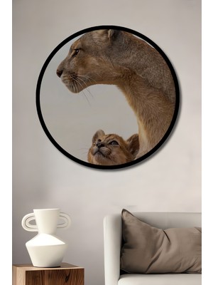 Aslan Anne Yavru Doğal Görünümlü Ahşap Dekoratif Tablo Yuvarlak Duvar Tablosu Çerçeve Görünümlü