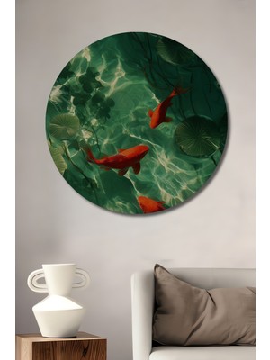 Yemyeşil Sularında Dans Eden Kırmızı Balıklar Sulu Boya Görünümlü Ahşap Tablo Yuvarlak Duvar Tablosu