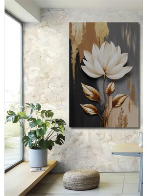 Altın Yapraklı Beyaz Lotus Çiçeği Yağlı Boya Görünümlü Modern Sanat Ahşap Dekoratif Tablo