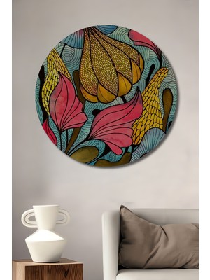 Rüya Gibi Çiçeklerin Sulu Boya Görünümlü Sanat Tablosu Yuvarlak Duvar Tablosu