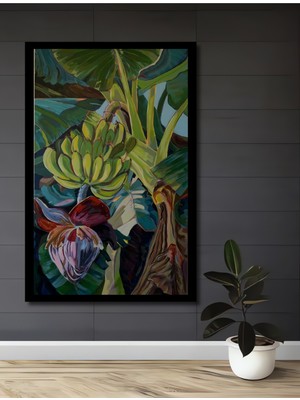 Muz Ağacı Çiçeği ve Salkımı Sulu Boya Görünümlü Ahşap Ev,antre,ofis,mutfak Tablo Çerçeve Görünümlü