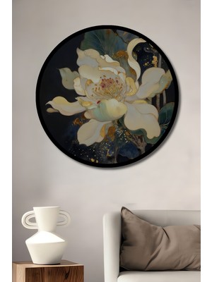Büyük Beyaz Çiçek Sulu Boya Görünümlü Ahşap Dekoratif Tablo Yuvarlak Duvar Tablosu Çerçeve Görünümlü
