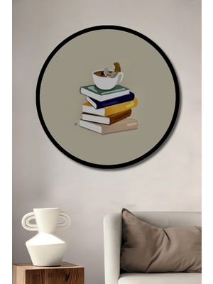 Kitap ve Kahve Molası Modern Sanat Tablosu Ahşap Tablo Yuvarlak Duvar Tablosu Çerçeve Görünümlü