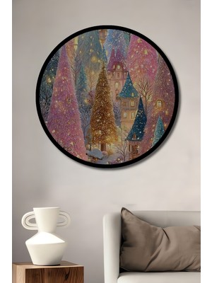 Rüyalar Diyarı Noel Ağaçları Sulu Boya Görünüm Ahşap Tablo Yuvarlak Duvar Tablosu Çerçeve Görünüm