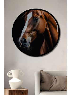 Görkemli Kestane At Rölyef Sanat Ahşap Tablo Yuvarlak Duvar Tablosu Çerçeve Görünümlü