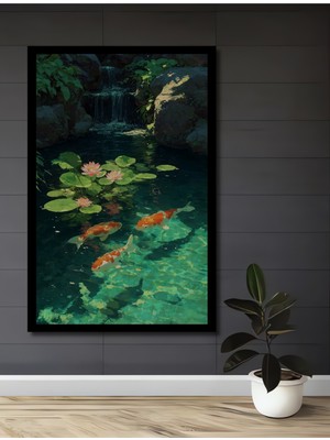 Canlı Koi Balıklı Şelale Manzaralı Yağlı Boya Görünümlü Ahşap Ev,antre,ofis Tablo Çerçeve Görünümlü