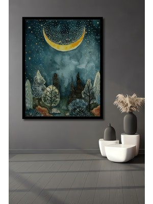 Mistik Orman Dolunay Sulu Boya Görünümlü Ahşap Dekoratif Ofis,mutfak, Tablo Çerçeve Görünümlü