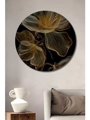 Altın Işıltılı Şeffaf Çiçek Yağlı Boya Görünümlü Dekoratif Ahşap Tablo Yuvarlak Duvar Tablosu