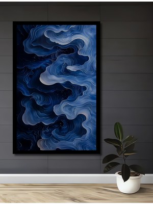 Soyut Mavi Dalgalar Sulu Boya Görünümlü Ahşap Ev,antre,ofis,yatak Odası Tablo Çerçeve Görünümlü