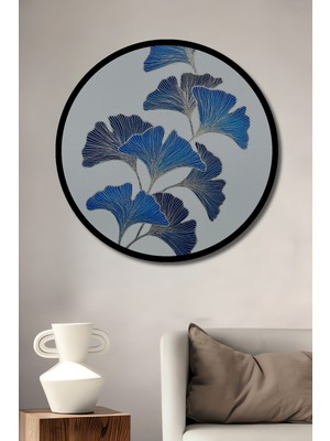 Mavi Ginkgo Yaprağı Sulu Boya Görünümlü Ahşap Tablo Yuvarlak Duvar Tablosu Çerçeve Görünümlü