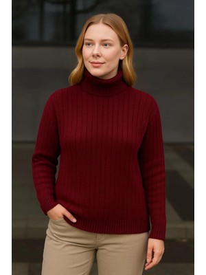 byasafkids Balıkcı Yaka Bağazlı Triko Kazak Pamuklu Kalın Fitilli Dokuma - Bordo