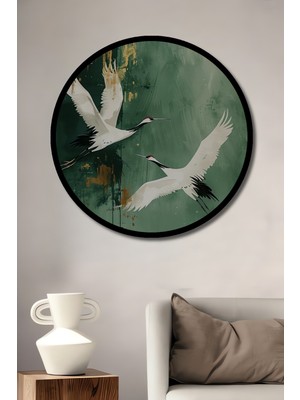 Kızıl Gerdanlı Turnalar Ile Altın Efektli Modern Sanat Ahşap Tablo Yuvarlak Tablo Çerçeve Görünüm