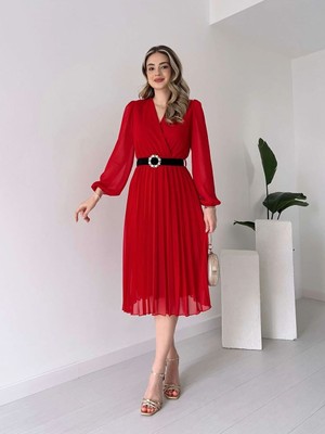 byasafkids Kadın Şifon Kumaş Astalı Kloş Kesim Kruvaze Yaka Midi Boy Elbise