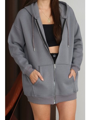 Balenbi Kadın 3 Iplik Içi Polarlı Kapüşonlu 75CM Oversize Sweat Hırka 1129