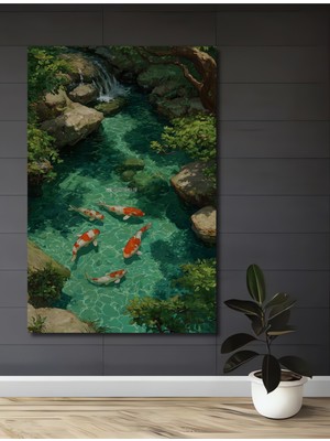 Canlı Koi Balıklı Berrak Su Döküntülü Doğal Manzara Ahşap Dekoratif Ev,antre,salon,ofis Tablo