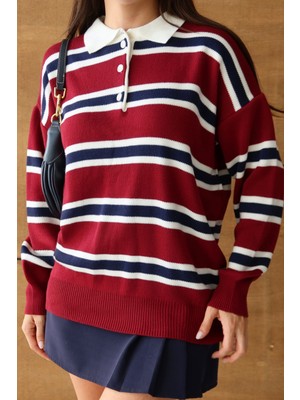 Balenbi Kadın Polo Yaka Oversize Çizgili Triko Kazak 1128