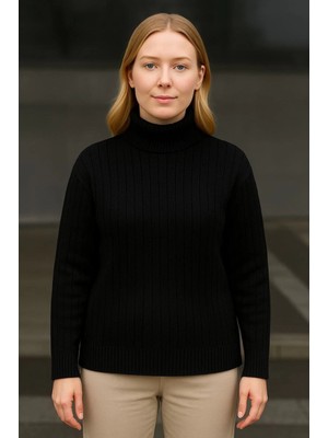 byasafkids Balıkcı Yaka Bağazlı Triko Kazak Pamuklu Kalın Fitilli Dokuma - Siyah