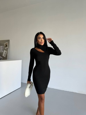 Cuyka Kadın Ottoman Kumaş Elbise Boğazlı Uzun Kollu Yırtmaç Detaylı