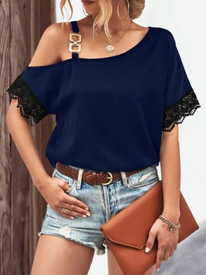 byasafkids Kadın Tek Omuzu Askılı Kısa Kollu Toka Detaylı Dantelli Viskon Bluz