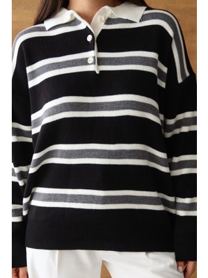 Balenbi Kadın Polo Yaka Oversize Çizgili Triko Kazak 1128