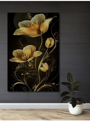 Altın Lale Çiçek Yağlı Boya Görünümlü Dekoratif Ahşap Ev,antre,salon,ofis,mutfak,yatak Odası Tablo